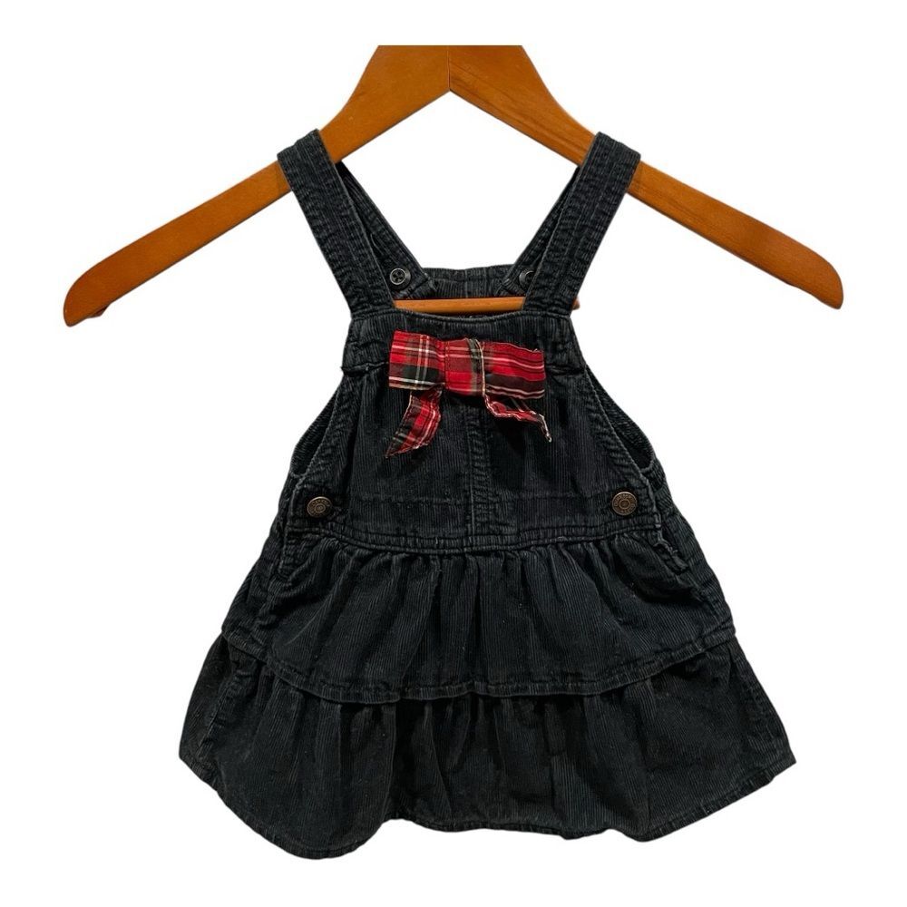 Vintage girls Osh Kosh B’gosh corduroy black overall dress plaid bow 12M